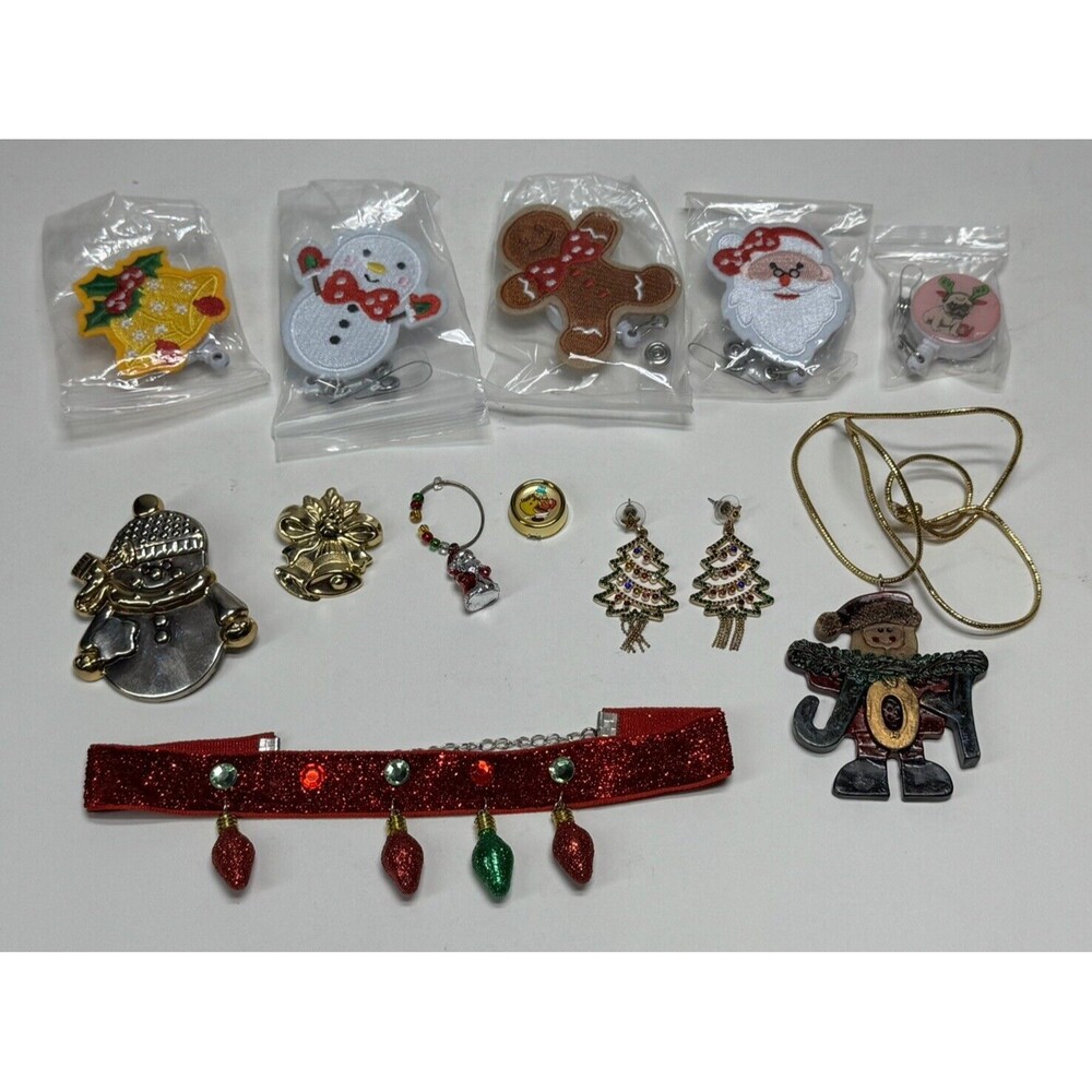 12 Christmas Holiday Jewelry Mix Lot Lapel Pin Brooch Necklace Earrings ID Clips